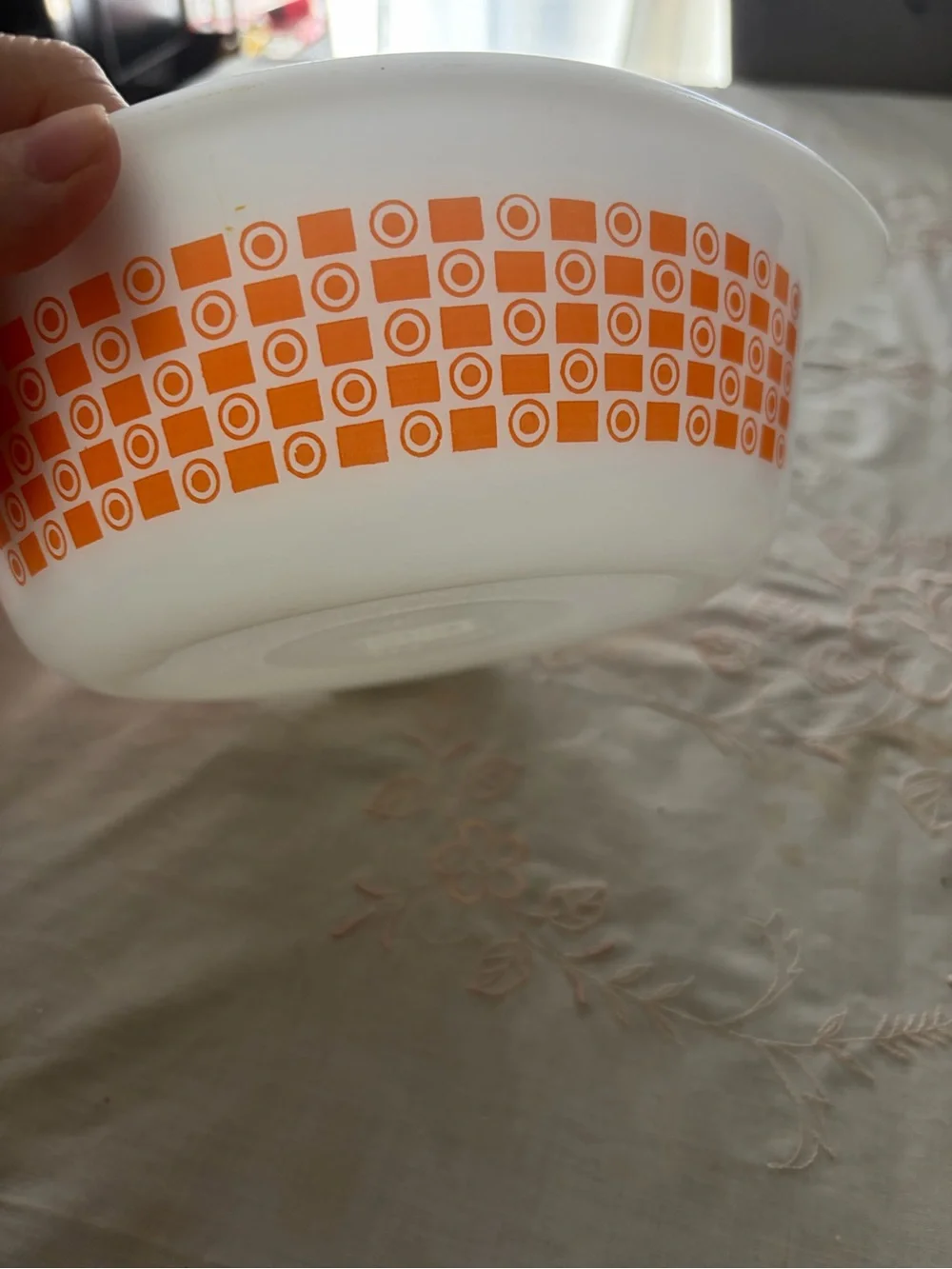 Glassbake White Casserole and Mixing Bowl Set with Orange Geometric Pattern